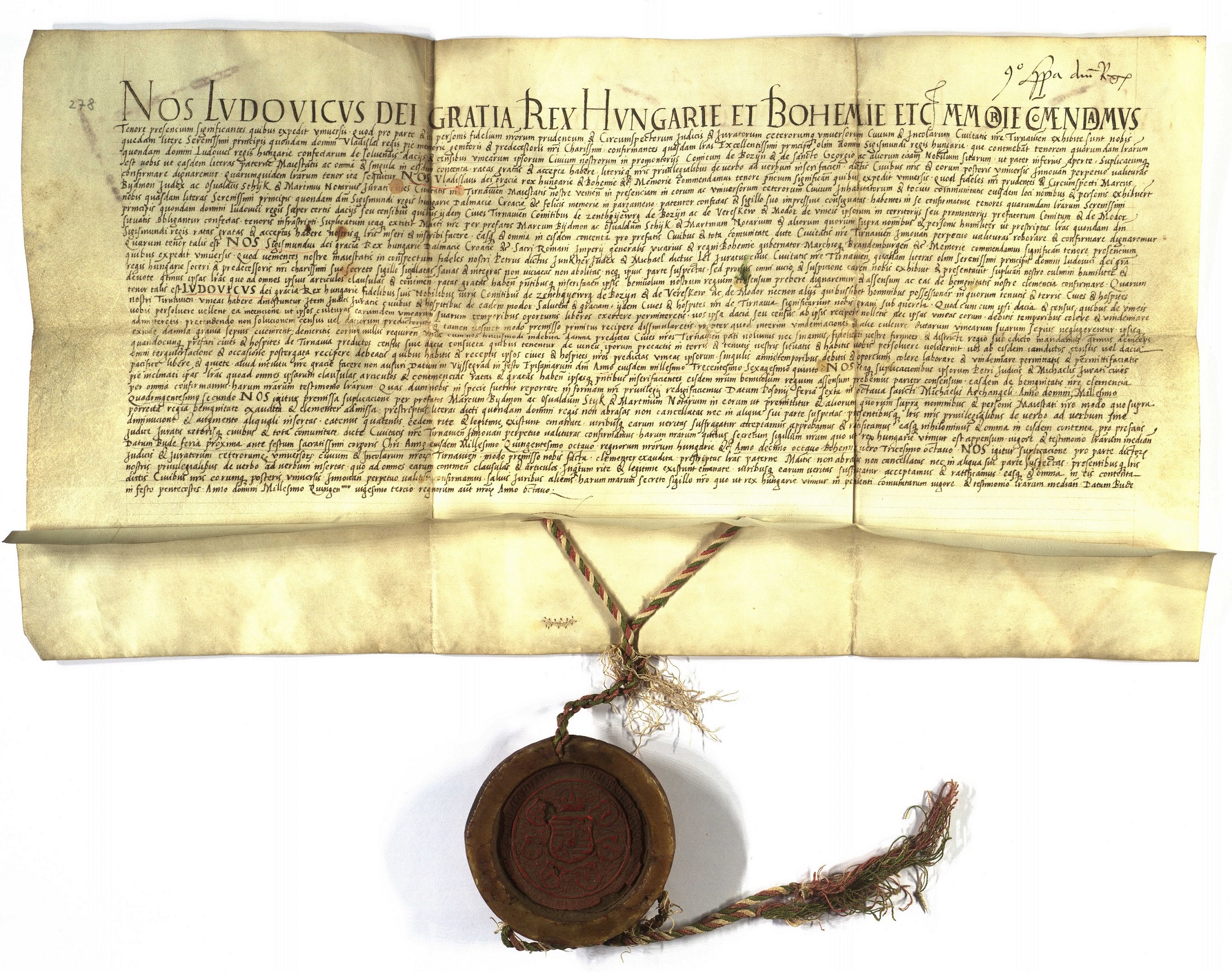 Ľudovít II. potvrdzuje privilégium Ľudovíta Veľkého z r. 1365 o slobodnom obrábaní viníc vo Sv. Jure.